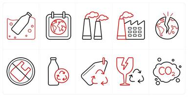 A set of 10 Ecology icons as recycled bottle, nature, factory pollution in red line color vector