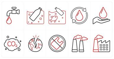 A set of 10 Ecology icons as save water, recycled bottle, save ocean in red line color vector