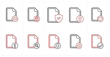 A set of 10 file icons as received file, file security, secured document in red line color vector
