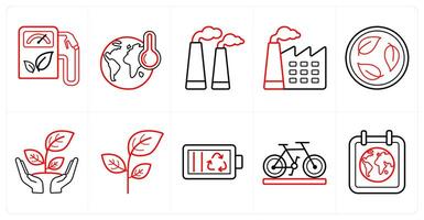 A set of 10 Ecology icons as green fuel, global temperature, factory pollution in red line color vector