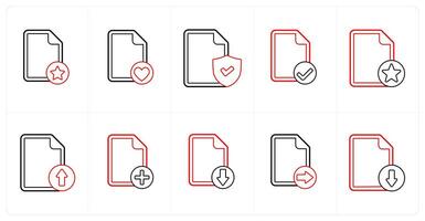 A set of 10 file icons as star file, favorite file, secured document in red line color vector