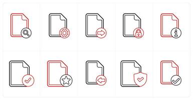 A set of 10 file icons as search file, file setting, send file in red line color vector