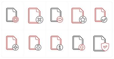 A set of 10 file icons as file setting, wrong, send file in red line color vector