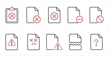 A set of 10 File icons as wrong file, wrong, delete in red line color vector