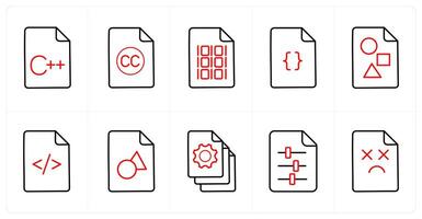 A set of 10 File icons as code, license, programming in red line color vector