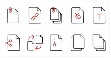 A set of 10 File icons as attachment, link, attached in red line color vector