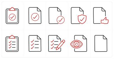 A set of 10 File icons as clipboard, checkmark, document in red line color vector