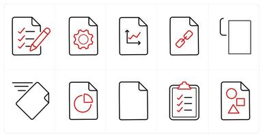 A set of 10 File icons as list, settings, graph in red line color vector