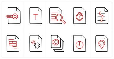 A set of 10 File icons as keywork, document file, data search in red line color vector