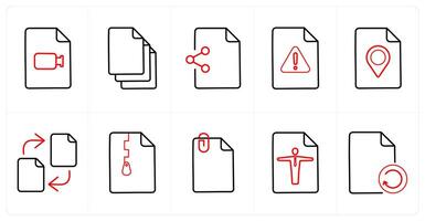 A set of 10 File icons as file, multiple file, share in red line color vector