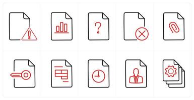 A set of 10 File icons as maintenance, graph, question in red line color vector