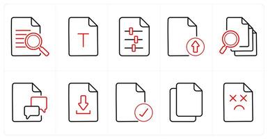 A set of 10 File icons as data search, document file, configuration in red line color vector