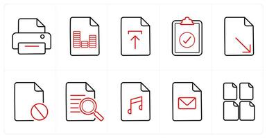 A set of 10 File icons as print, article, upload in red line color vector