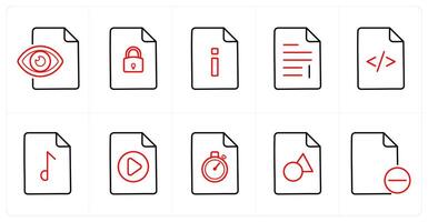 A set of 10 File icons as view document, security, information in red line color vector