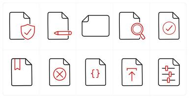 A set of 10 File icons as secured document, edit, horizontal document in red line color vector