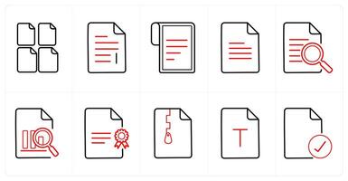 A set of 10 File icons as multiple file, text, text document in red line color vector