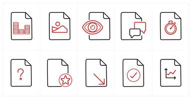 A set of 10 File icons as article, picture document, view document in red line color vector