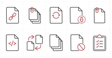 A set of 10 File icons as link, attached file, update in red line color vector
