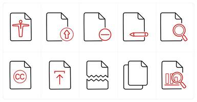A set of 10 File icons as account, upload, remove in red line color vector