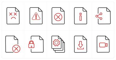 A set of 10 File icons as missing page, error file, delete in red line color vector