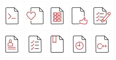 A set of 10 File icons as coding, favorite, programming in red line color vector