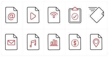 A set of 10 File icons as email, , wifi in red line color vector