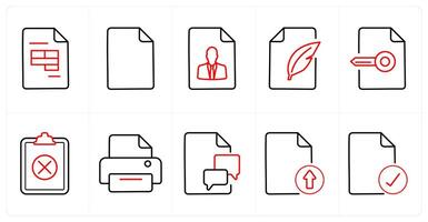 A set of 10 File icons as excel, document, resume in red line color vector