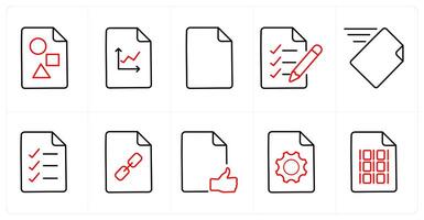 A set of 10 File icons as project document, graph, document in red line color vector