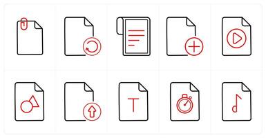 A set of 10 File icons as attachment, update, text document in red line color vector