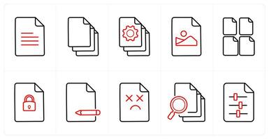 A set of 10 File icons as content, multiple files, file optimization in red line color vector