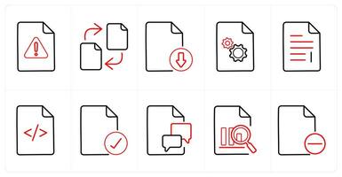 A set of 10 File icons as error file, file transfer, download in red line color vector