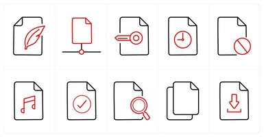 A set of 10 File icons as compose, document, keywork in red line color vector
