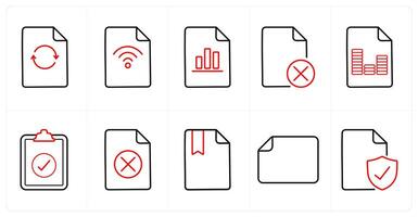 A set of 10 File icons as update, wifi, graph in red line color vector