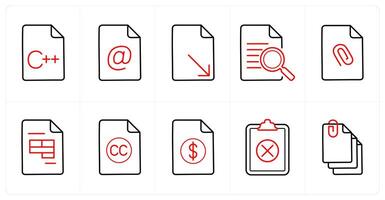 A set of 10 File icons as code, email, download in red line color vector