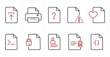 A set of 10 File icons as upload, print, question in red line color vector