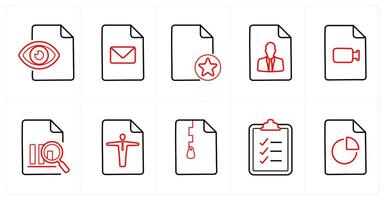 A set of 10 File icons as view document, mail, star in red line color vector