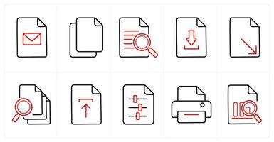 A set of 10 File icons as mail, duplicate file, search content in red line color vector
