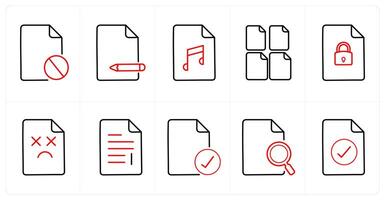 A set of 10 File icons as delete, edit, music file in red line color vector