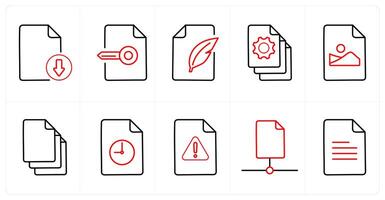 A set of 10 File icons as download, keywork, compose in red line color vector