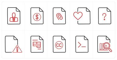 A set of 10 File icons as resume, invoice, attached file in red line color vector