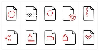 A set of 10 File icons as pie, damaged, update in red line color vector