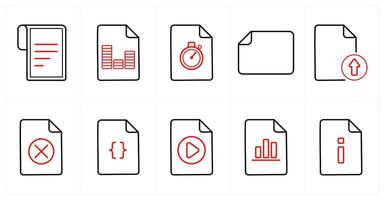 A set of 10 File icons as text document, article, performance in red line color vector