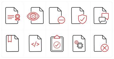A set of 10 File icons as certificate, view document, remove in red line color vector