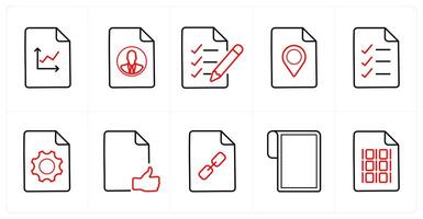 A set of 10 File icons as graph, portfolio, list in red line color vector