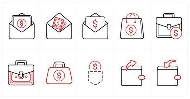 A set of 10 finance icons as banking, email funds, salary envelope, in red line color vector