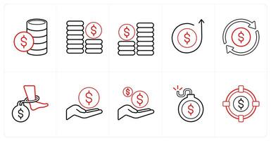 A set of 10 finance icons as funds, investment, growth in red line color vector
