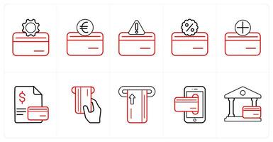 A set of 10 finance icons as card settings, credit card, card alert in red line color vector