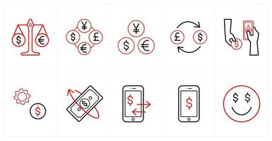 A set of 10 finance icons as currency exchange, currency, money conversion in red line color vector