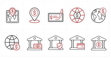 A set of 10 finance icons as bank location, signed cheque, world bank in red line color vector
