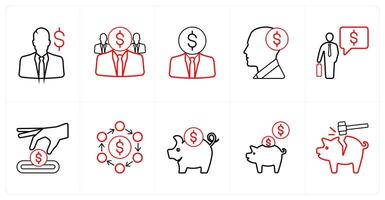 A set of 10 finance icons as investor, finance manager, insert coin in red line color vector